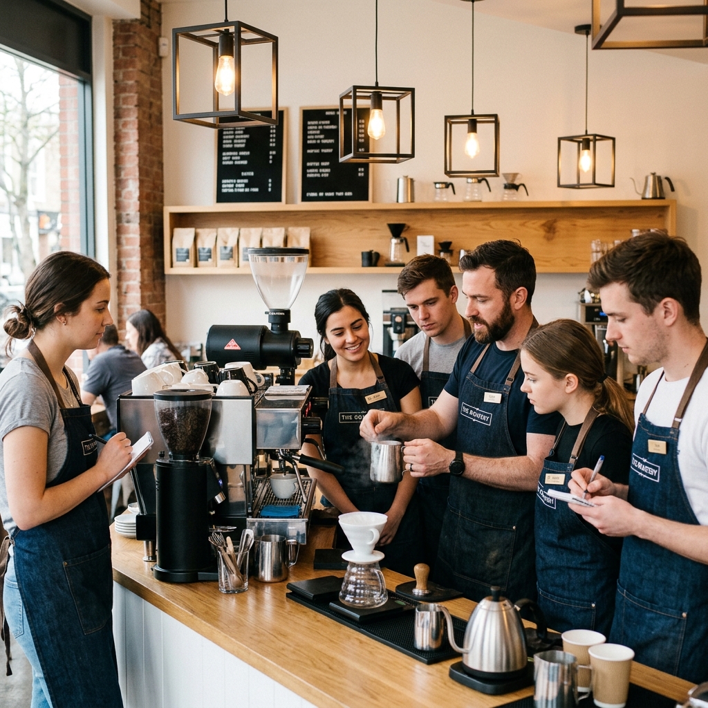 Baristas pouring coffee in training lab